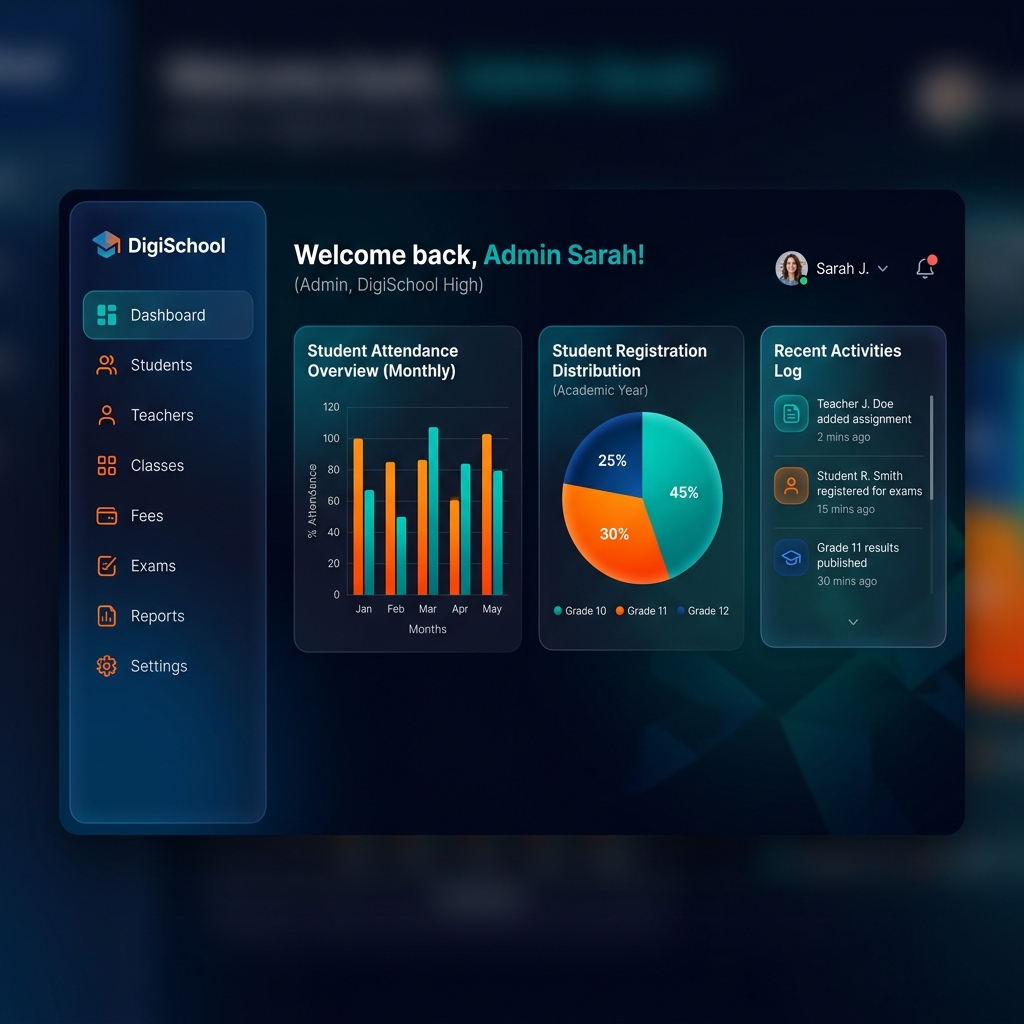 DigiSchool Web Portal Mockup Dashboard showing statistics and layout graphs